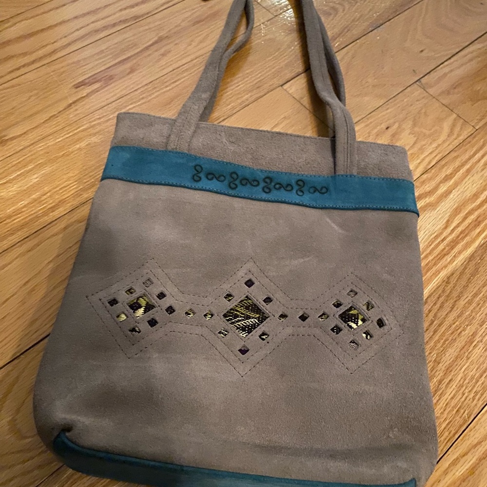 Elegant Handmade leather Tan Tote Bag with Teal Accents 8 x 10